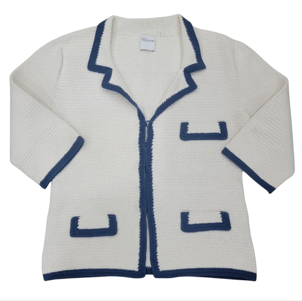 Red Valentino Woven Cardigan Blazer Cream Blue Knit Jacket Women’s XS - Picture 7 of 17